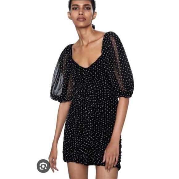 Zara Women’s Romantic Mini Dress S Black Polka Dot Mesh Puff Sleeves Ruched - Picture 1 of 11